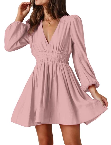 FAIABLE Mini Dress Deep V Sexy Dress Long Sleeve Dress for Women A-line