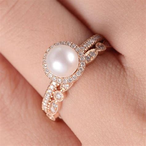 Akoya Pearl Engagement Ring Set Rose Gold Art Deco Wedding Band