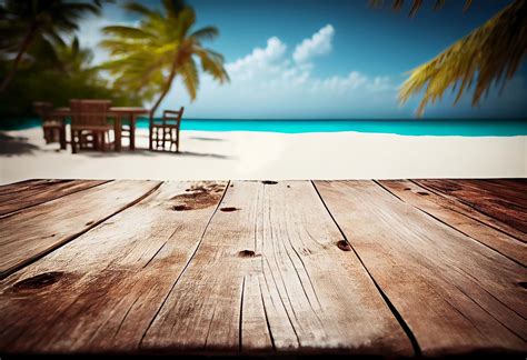 table  front  blurred tropical beach  summer time background