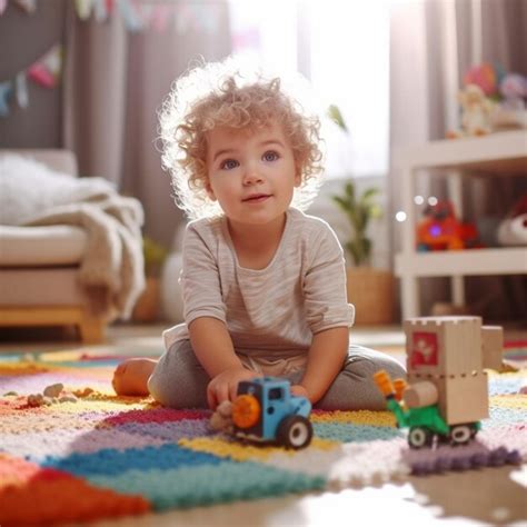 premium ai image   boy playing   toy truck   floor