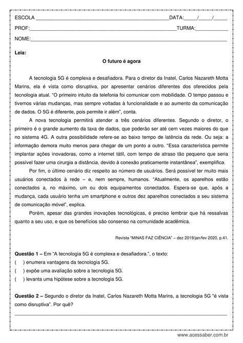Atividade De Interpretação De Texto 8 Ano - Interpretação de texto: O futuro é agora - 8º ano - Acessaber