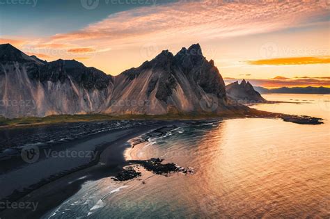 Beautiful sunrise over Vestrahorn mountain and black sand beach in ...