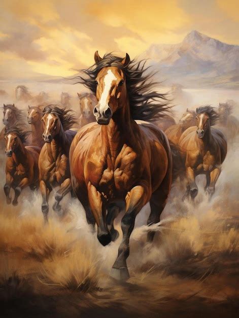 Premium Photo | A painting of horses running in the wild