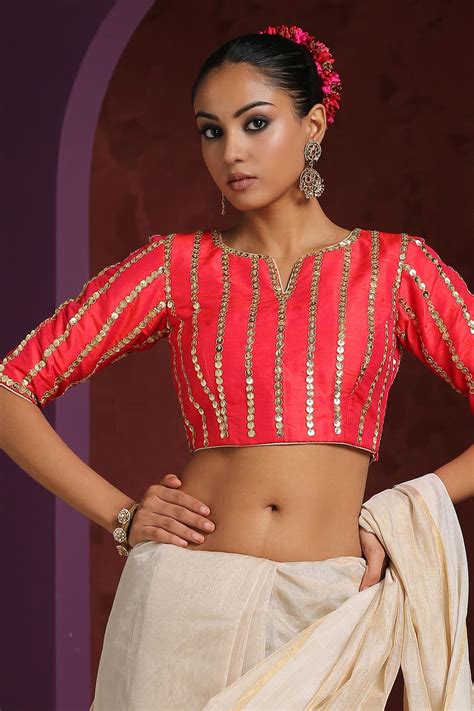 Buy Red Raw Silk Hand Embroidered Sequins Notched Striped Blouse For