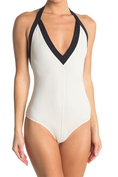 Valentino Two-tone Plunge Neck One-piece Swimsuit In Nero | ModeSens