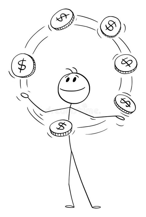 businessman juggling  dollar coins vector cartoon stick figure