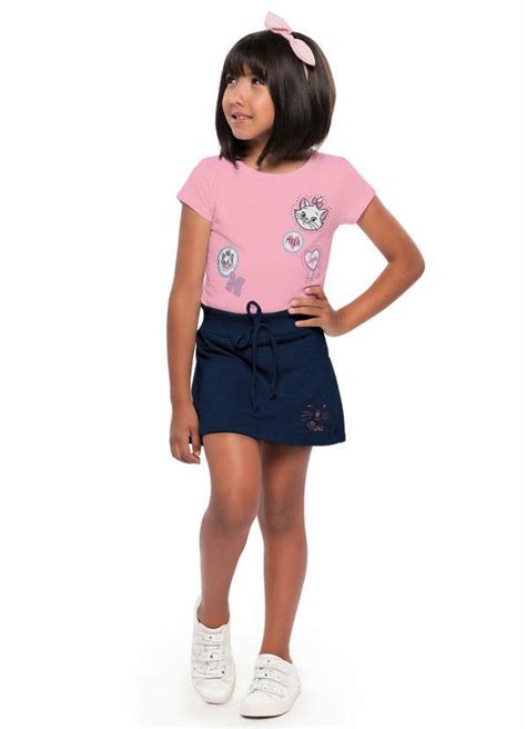 conjunto marie blusa rosa short saia azul fakini kids