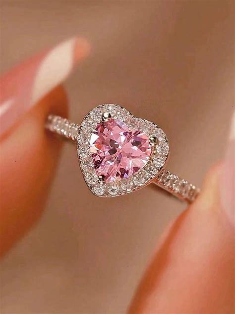 pc shiny pink heart shaped cubic zirconia ring women engagement