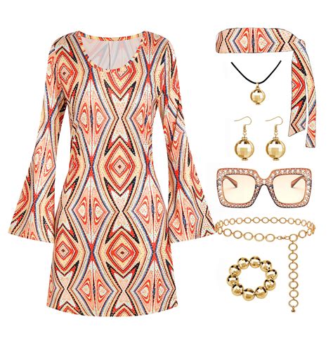 Deerjoke 70s Disco Outfit Women, 7 PCS 70's Disco Dress Costume Hippie