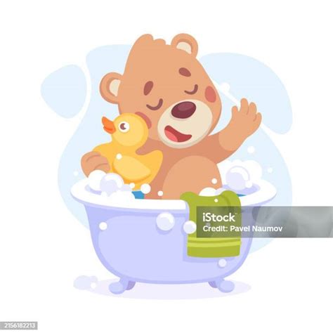 Ilustración de Cute Bear Character Bathing In Bathtub With Rubber Duck