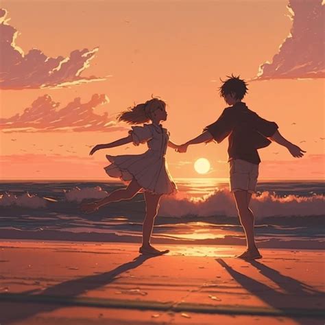 Premium Photo | Anime couple walking on beach at sunset with ocean in background generative ai