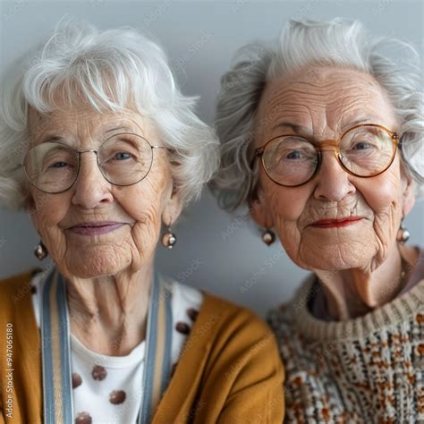 Two elderly women with gray hair and glasses smiling warmly at the ...