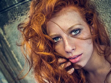 women model redhead face curly hair open mouth freckles blue eyes, HD