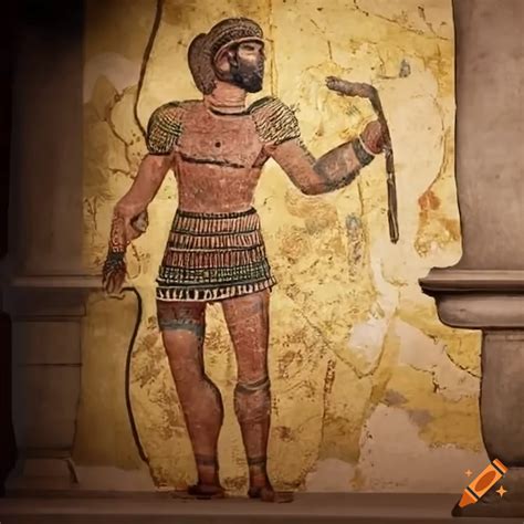 Drawing of a warrior man on an etruscan fresco wall with a golden army