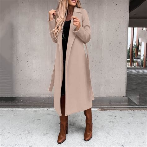 womens faux wool trench coat windproof classic ladies lapel winter
