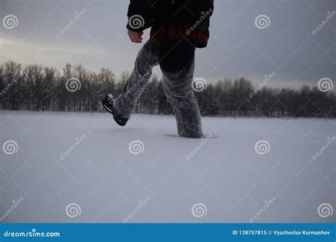 Man Walking in Snow. Shoes Close Up Stock Image - Image of active ...