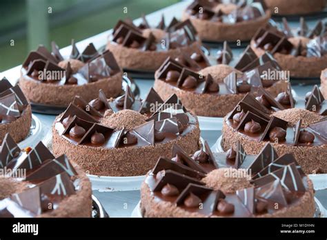 Industrielle Linie der Kuchen. Viele schöne Kuchen auf dem Tisch ...