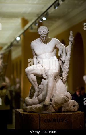 Marble statue of Greek hero Theseus sat astride the dead Minotaur by Antonia Canova in 1782 in ...