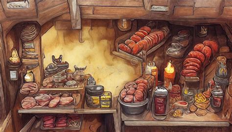 Medieval Meat Shop, Illustration Stock Illustration - Illustration of butcher, food: 266185474