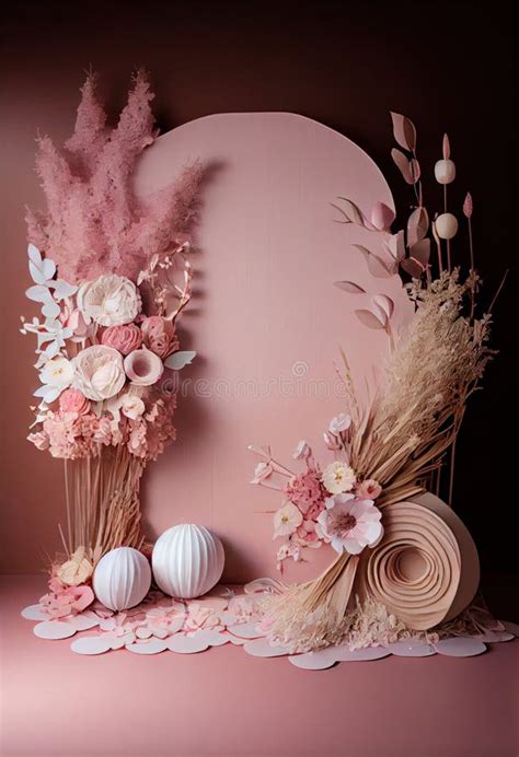 Pink Studio Backdrop Decorated with Dried Flowers Stock Illustration ...