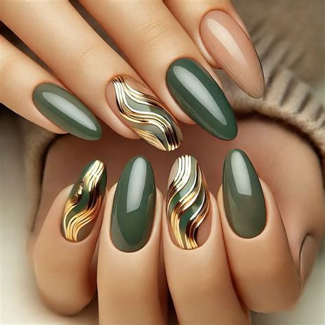elegant olive green nails   gold chrome waves nail designs