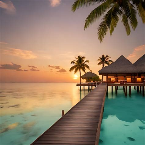 premium photo  tropical sunset  palm trees   wooden walkway