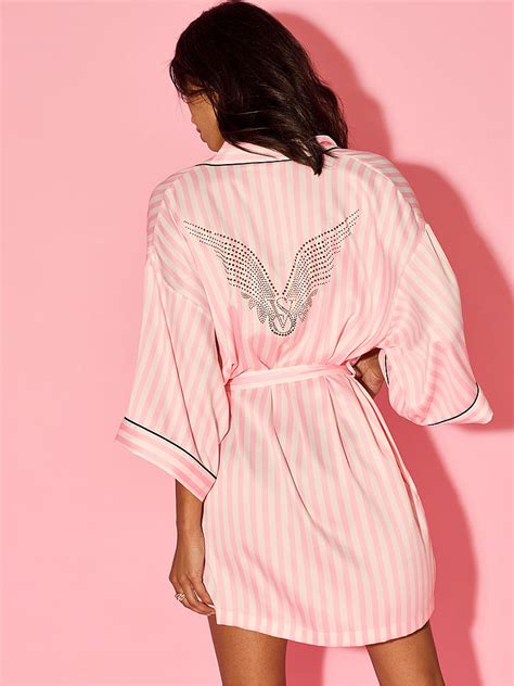 Pink Iconic Stripe Fashion Show Satin Short Piped Robe | Victoria's