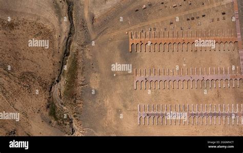 Aerial view of the severe drought conditions of Folsom Lake, a ...