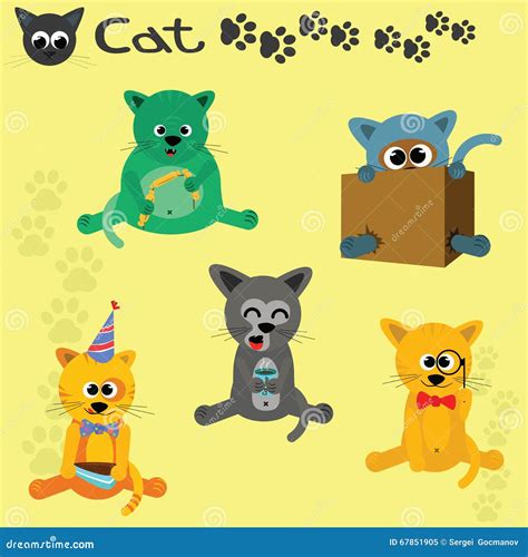 A set of five cartoon cats stock vector. Illustration of print - 67851905