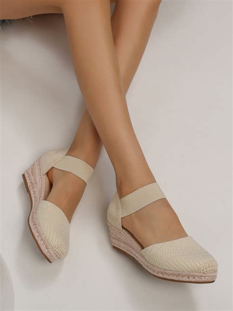 Vacation Beige Ankle Strap Wedge Shoes For Women, Knit Detail