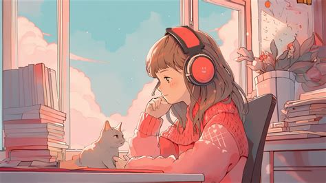 Lofi Wallpaper 4K, Anime girl, AI art, Alone, Cat