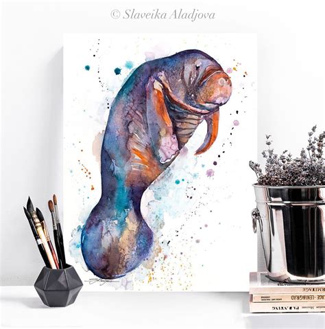 Manatee watercolor painting print by Slaveika Aladjova, art, animal ...