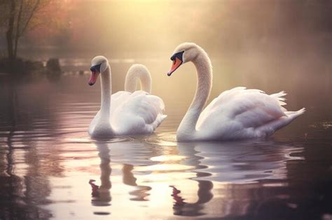 Premium AI Image | Swans swimming in the water at sunset.