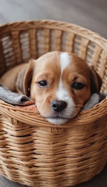 Premium Photo | Cute puppy in a basket