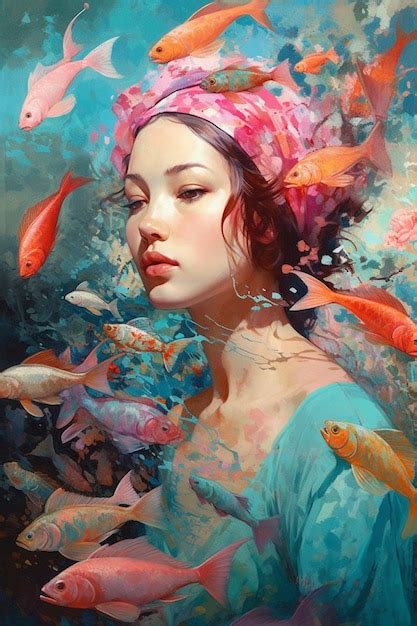 Premium Photo | A painting of a woman with fish on her head