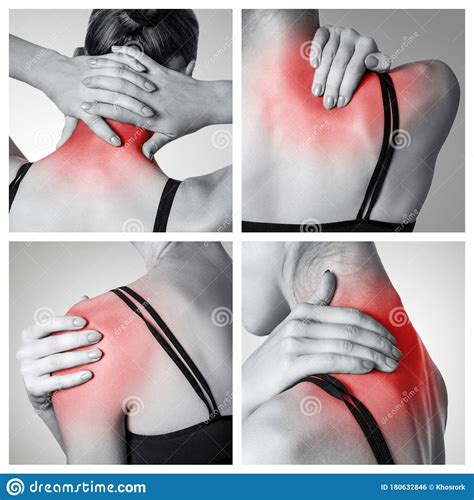 Closeup Collage View of Pain on Human Back Side. Neck, Shoulder or Back
