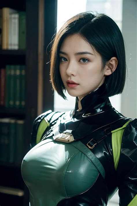 A close up of a woman in a green and black outfit - SeaArt AI