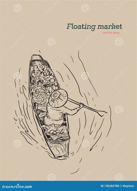 Boat in a Floating Market in Thailand - Vector Illustration Stock