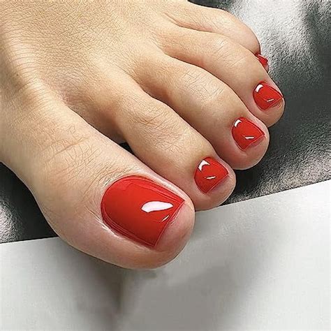 Short Toes Nails Press on Toenails French Tip Acrylic Fake Nails Red Color Glossy False Toenails ...