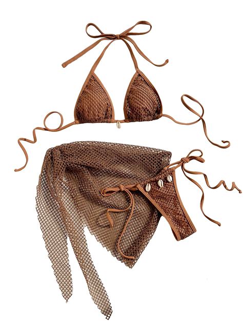 Verdusa Women's 3 Piece Halter String Fishnet Bikini Swimsuit with Wrap