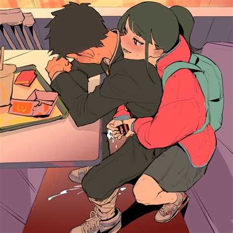 Rule 34 - 1boy 1girls assertive female backpack black hair blush