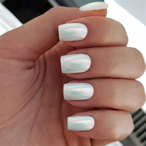 glazed white chrome press  nails short square fake nails aurora
