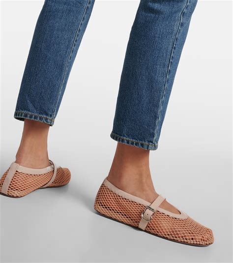 Leather-trimmed fishnet ballet flats in beige - Alaia | Mytheresa