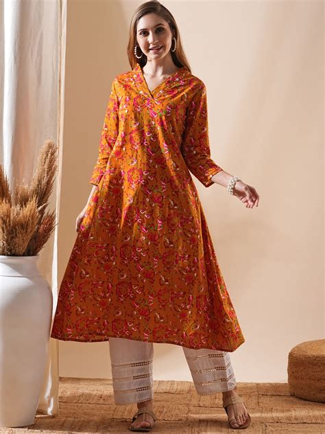 buy fashor floral printed sequined pure cotton   kurta kurtas
