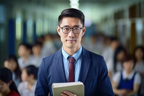 Portrait of Happy Asian Male Teacher with a Book in School, Young Man