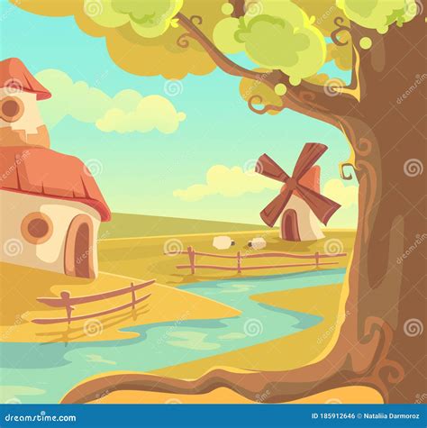 Fantasy Rural Landscape Vector Illustration, Cute Cartoon Beautiful