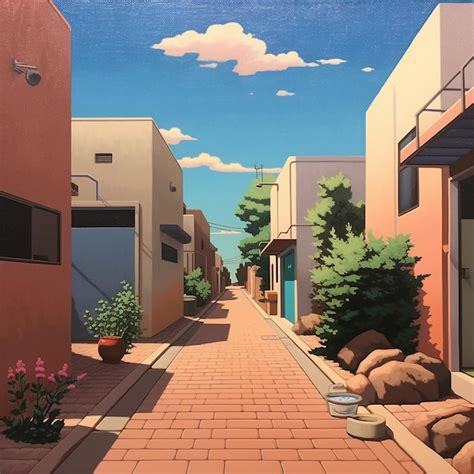 Premium AI Image | a painting of a street with a view of the city.