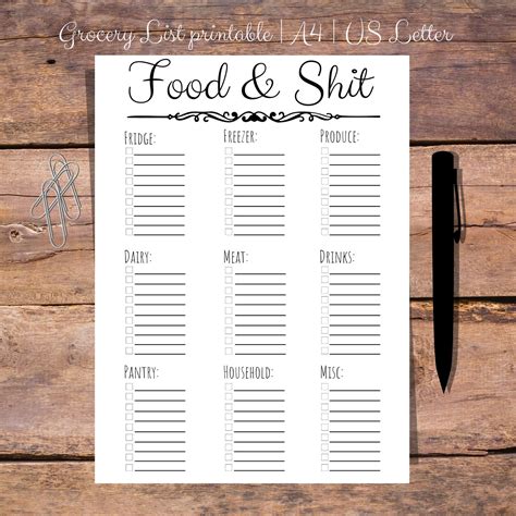 Grocery List Printable with Divided Sections - Instant Download