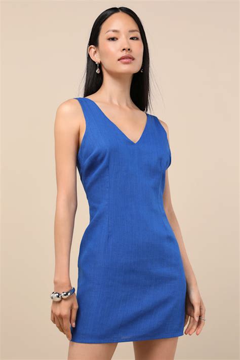 Blue V-Neck Linen Dress - Linen Shift Dress - Beige Mini Dress - Lulus