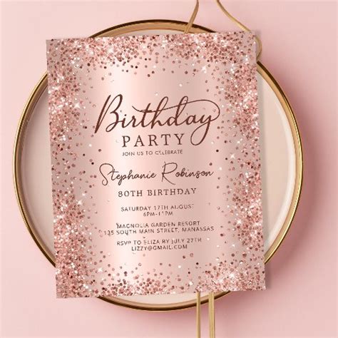 Budget Rose Gold Glitter 80th Birthday Invitation | Zazzle